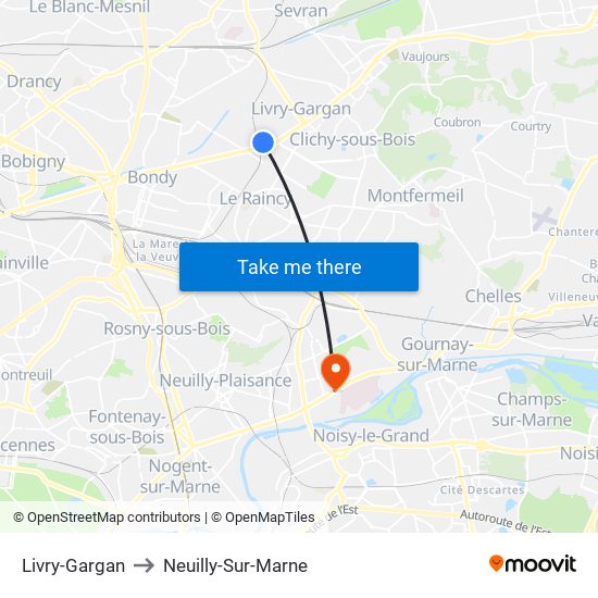 Livry-Gargan to Neuilly-Sur-Marne map