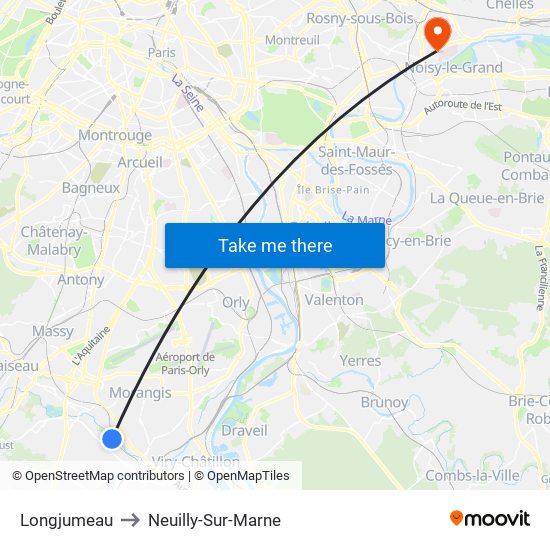 Longjumeau to Neuilly-Sur-Marne map