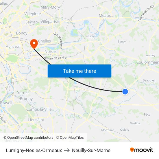 Lumigny-Nesles-Ormeaux to Neuilly-Sur-Marne map