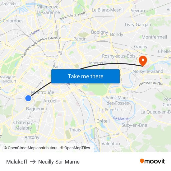 Malakoff to Neuilly-Sur-Marne map