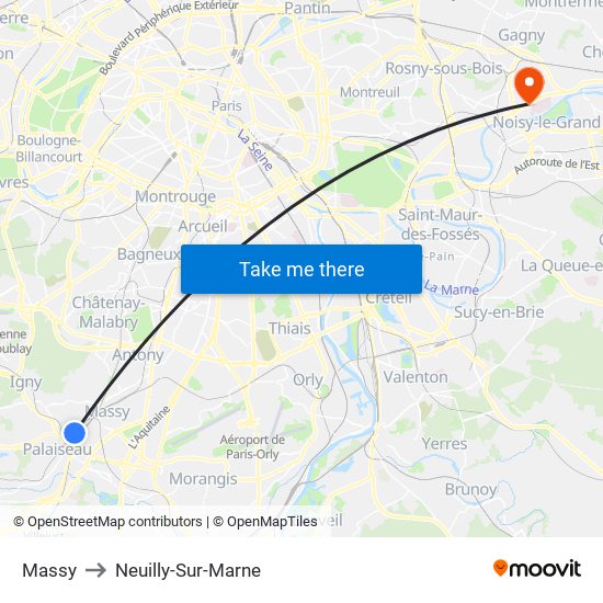 Massy to Neuilly-Sur-Marne map