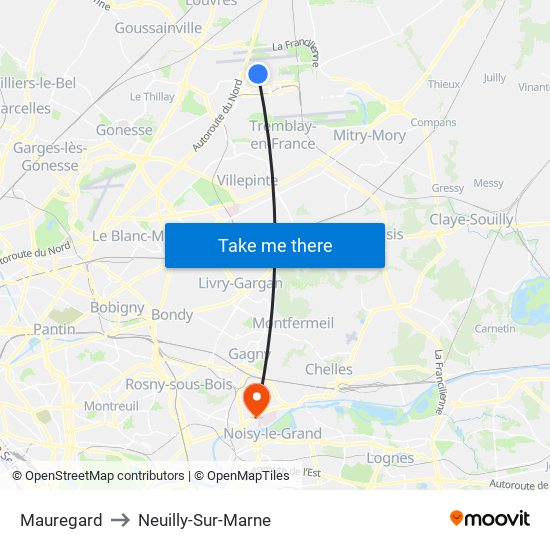 Mauregard to Neuilly-Sur-Marne map
