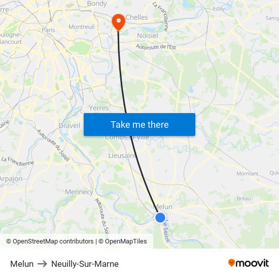 Melun to Neuilly-Sur-Marne map