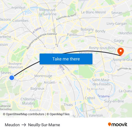 Meudon to Neuilly-Sur-Marne map