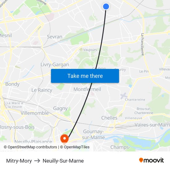 Mitry-Mory to Neuilly-Sur-Marne map