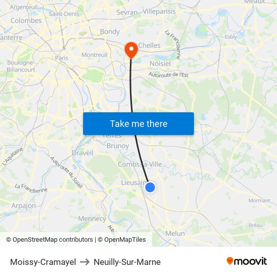 Moissy-Cramayel to Neuilly-Sur-Marne map