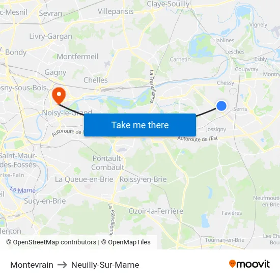 Montevrain to Neuilly-Sur-Marne map