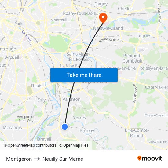 Montgeron to Neuilly-Sur-Marne map