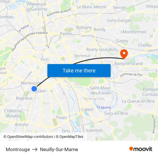Montrouge to Neuilly-Sur-Marne map
