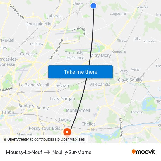 Moussy-Le-Neuf to Neuilly-Sur-Marne map