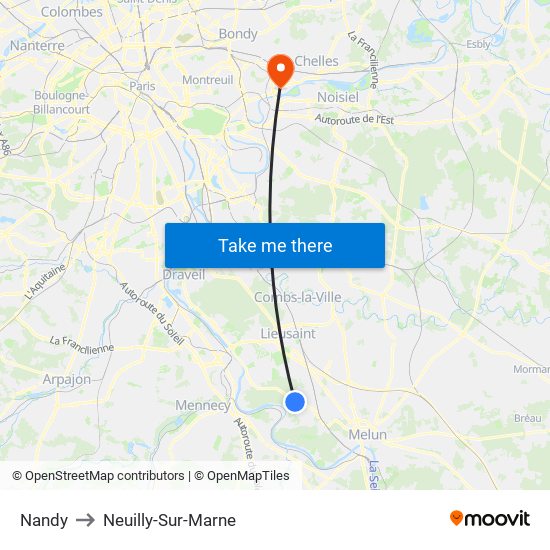 Nandy to Neuilly-Sur-Marne map
