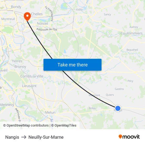 Nangis to Neuilly-Sur-Marne map