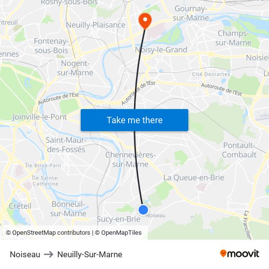 Noiseau to Neuilly-Sur-Marne map