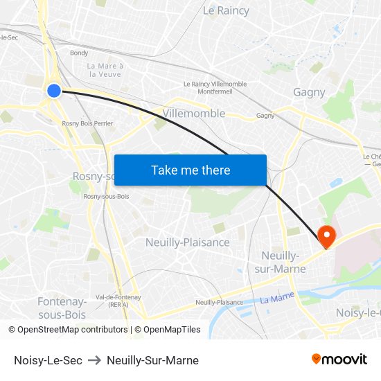 Noisy-Le-Sec to Neuilly-Sur-Marne map