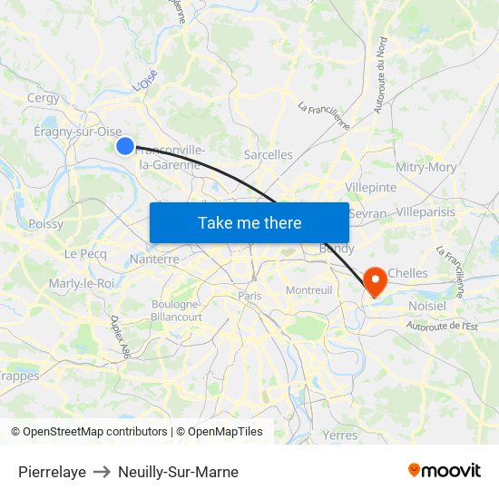 Pierrelaye to Neuilly-Sur-Marne map