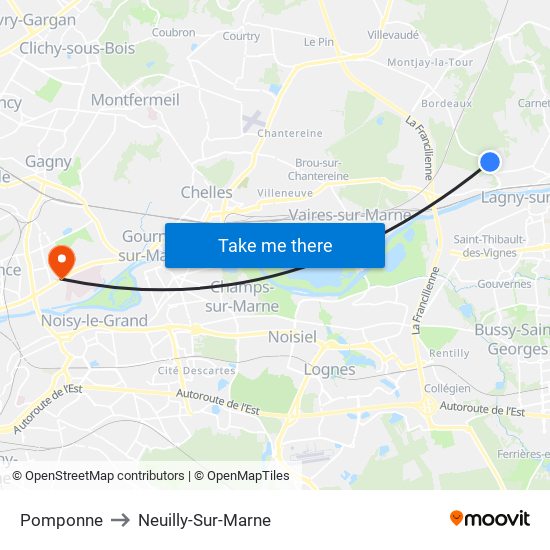 Pomponne to Neuilly-Sur-Marne map