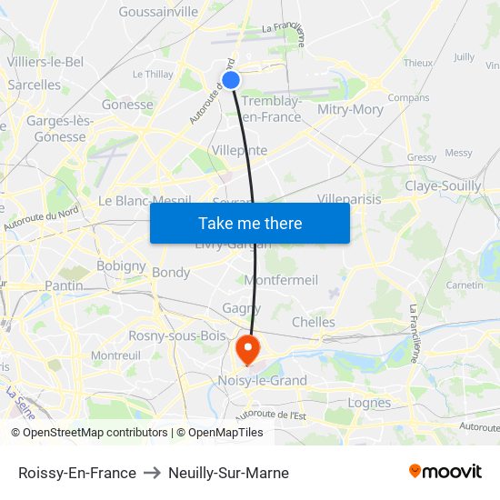 Roissy-En-France to Neuilly-Sur-Marne map