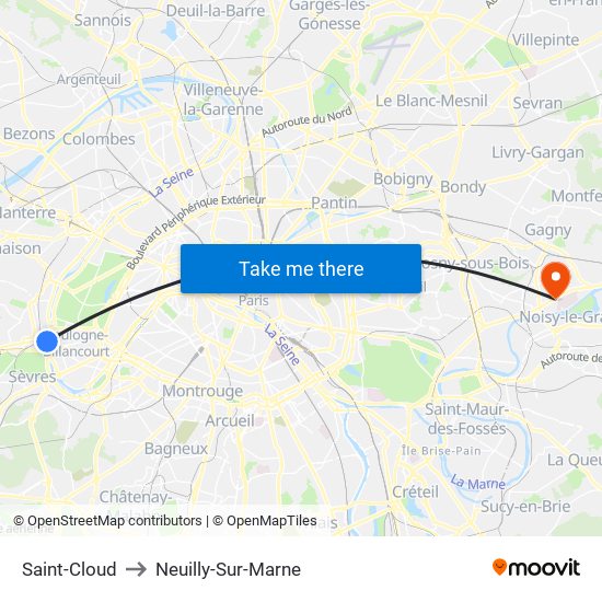 Saint-Cloud to Neuilly-Sur-Marne map
