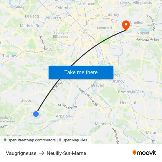 Vaugrigneuse to Neuilly-Sur-Marne map