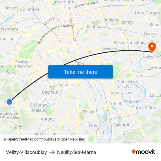 Velizy-Villacoublay to Neuilly-Sur-Marne map