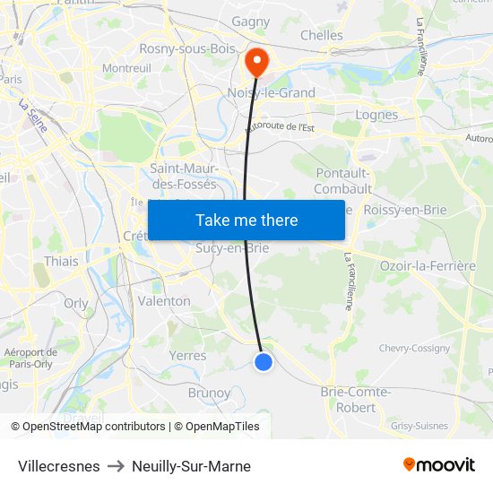 Villecresnes to Neuilly-Sur-Marne map