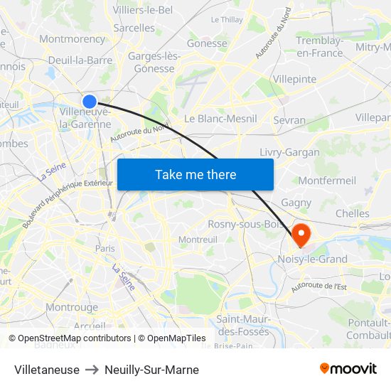 Villetaneuse to Neuilly-Sur-Marne map