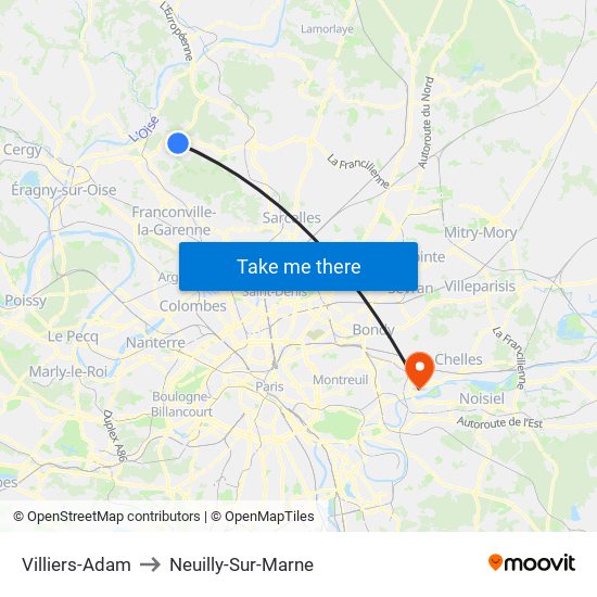 Villiers-Adam to Neuilly-Sur-Marne map