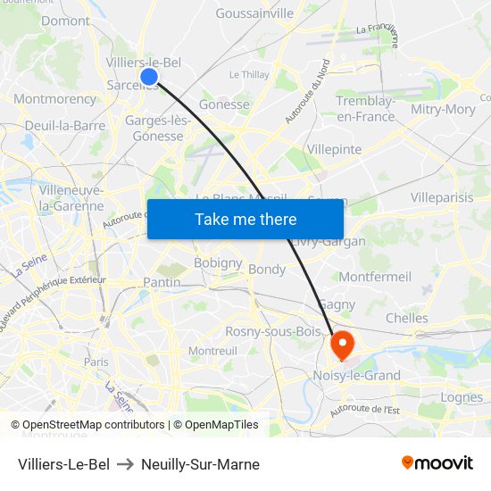 Villiers-Le-Bel to Neuilly-Sur-Marne map