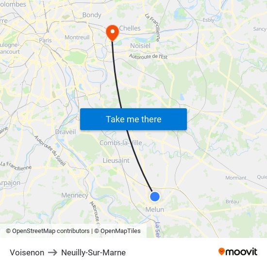 Voisenon to Neuilly-Sur-Marne map