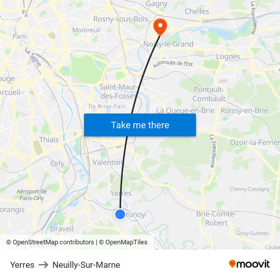 Yerres to Neuilly-Sur-Marne map