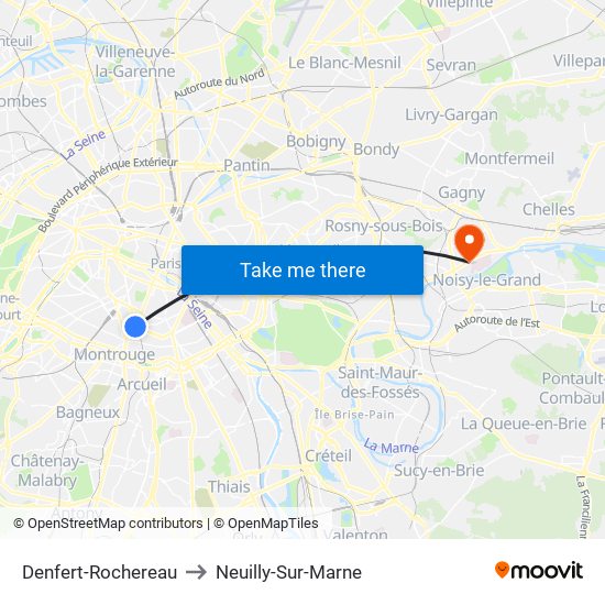 Denfert-Rochereau to Neuilly-Sur-Marne map