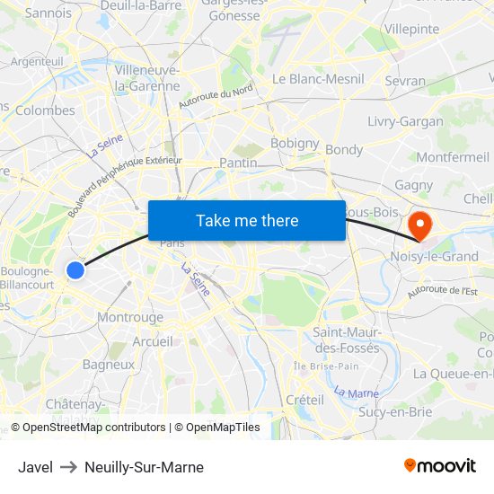 Javel to Neuilly-Sur-Marne map