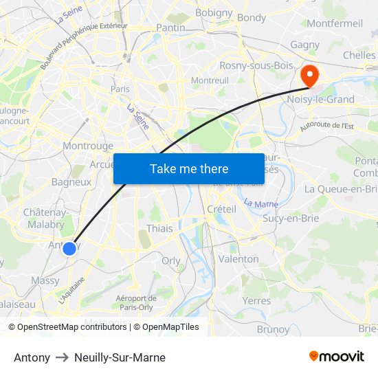 Antony to Neuilly-Sur-Marne map