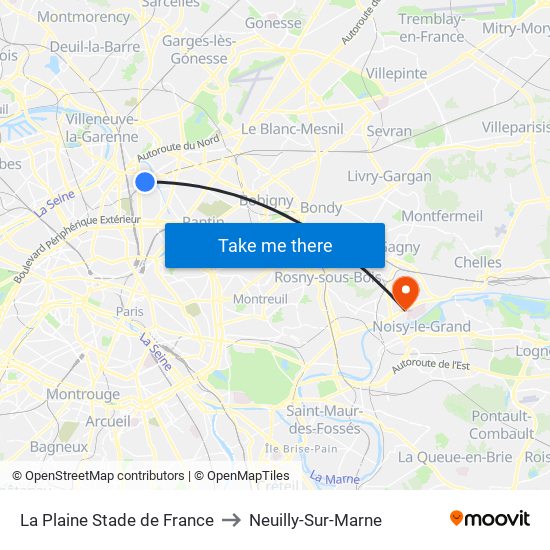 La Plaine Stade de France to Neuilly-Sur-Marne map