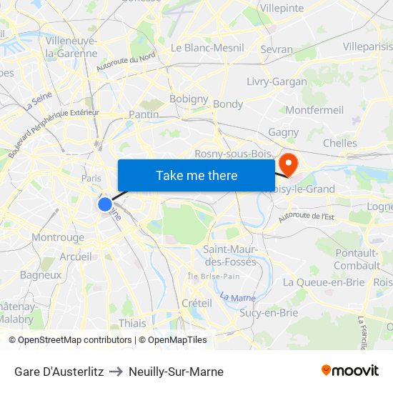 Gare D'Austerlitz to Neuilly-Sur-Marne map