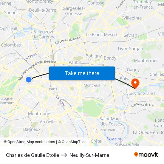 Charles de Gaulle Etoile to Neuilly-Sur-Marne map