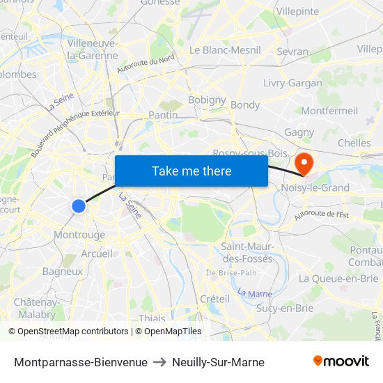 Montparnasse-Bienvenue to Neuilly-Sur-Marne map