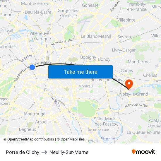 Porte de Clichy to Neuilly-Sur-Marne map