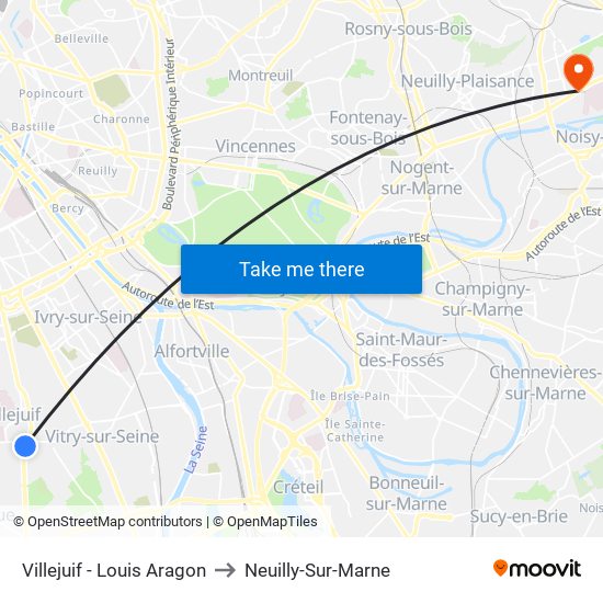 Villejuif - Louis Aragon to Neuilly-Sur-Marne map