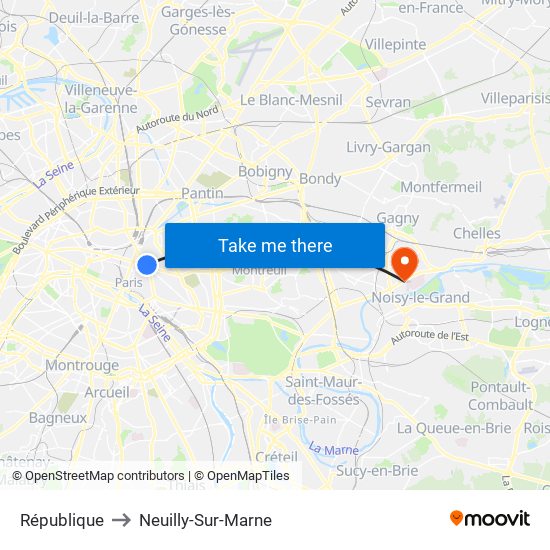 République to Neuilly-Sur-Marne map