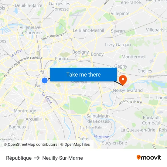 République to Neuilly-Sur-Marne map
