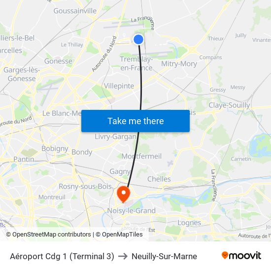 Aéroport Cdg 1 (Terminal 3) to Neuilly-Sur-Marne map