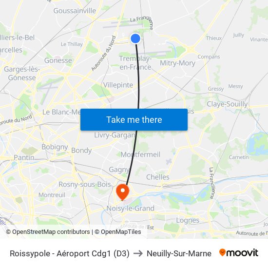 Roissypole - Aéroport Cdg1 (D3) to Neuilly-Sur-Marne map