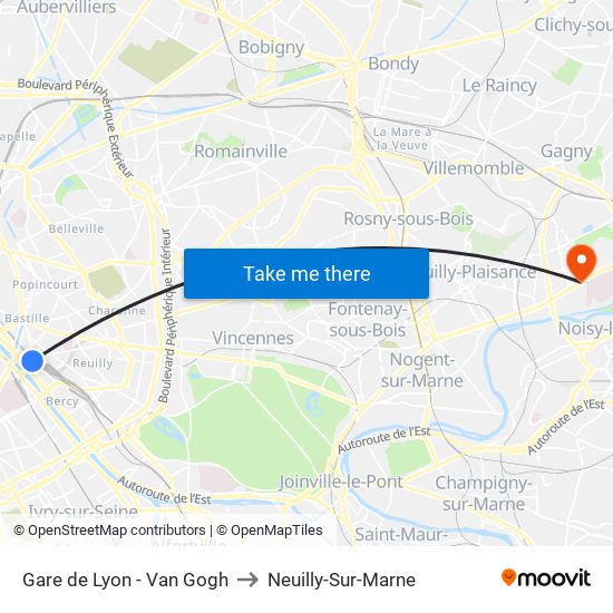 Gare de Lyon - Van Gogh to Neuilly-Sur-Marne map