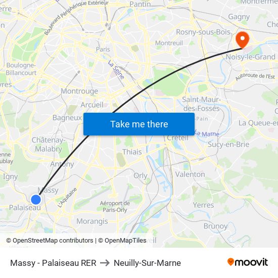 Massy - Palaiseau RER to Neuilly-Sur-Marne map