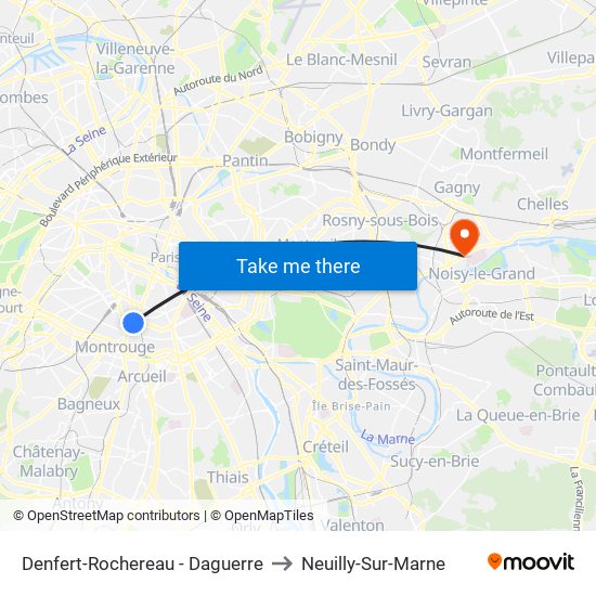 Denfert-Rochereau - Daguerre to Neuilly-Sur-Marne map