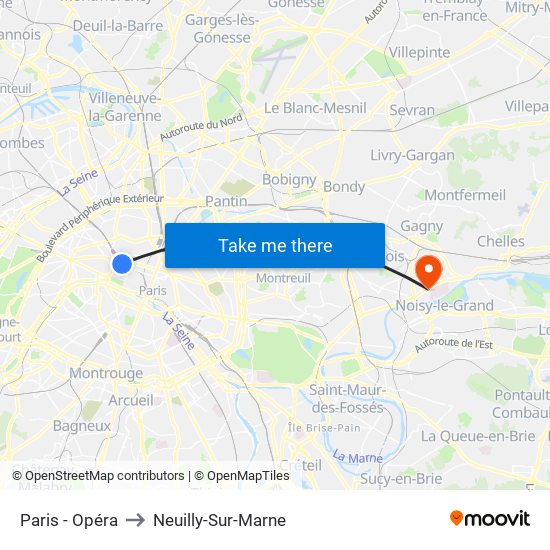 Paris - Opéra to Neuilly-Sur-Marne map