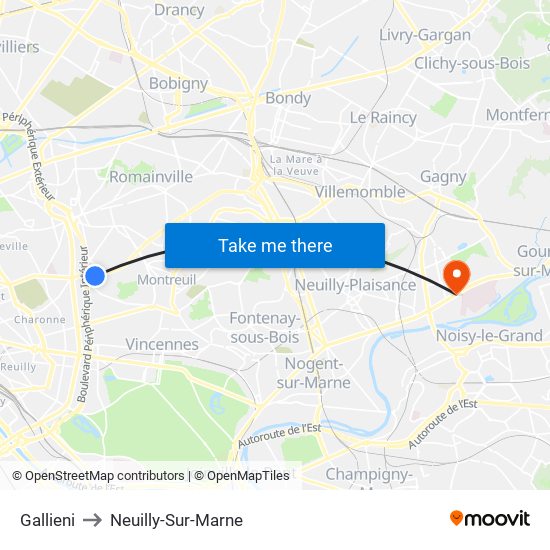 Gallieni to Neuilly-Sur-Marne map