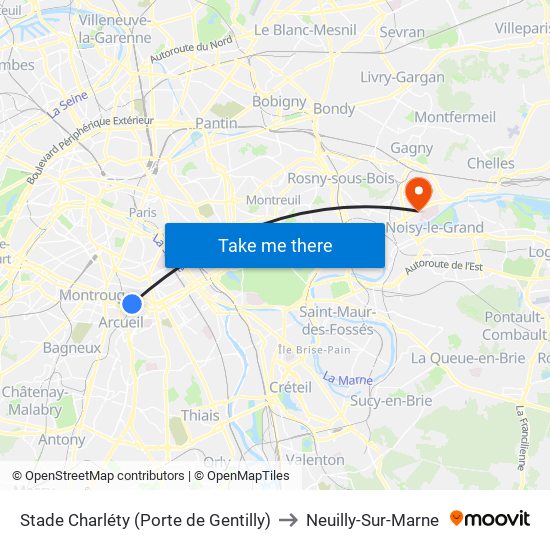 Stade Charléty (Porte de Gentilly) to Neuilly-Sur-Marne map