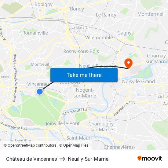 Château de Vincennes to Neuilly-Sur-Marne map